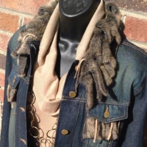 Tulle Denim Jacket with Faux Fur & Leather Tassel